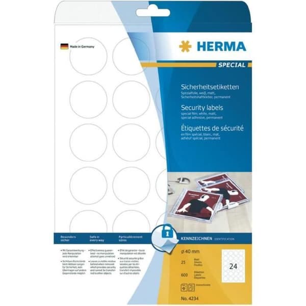Säkerhetsetiketter - HERMA - 40 x 40 mm - 600 stycken - Vit - Extra starkt lim