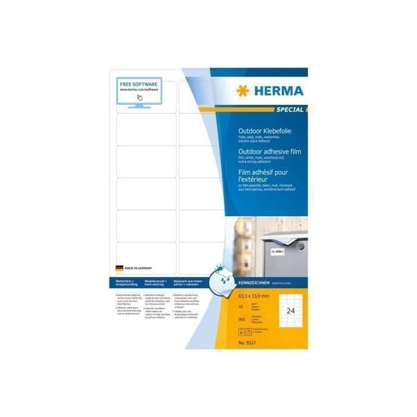HERMA Special Polyeten (PE) matt extra stark självhäftande vit 63,5 x 33,9 mm 960 etikett(er) (40 ark(ar) x 24)...