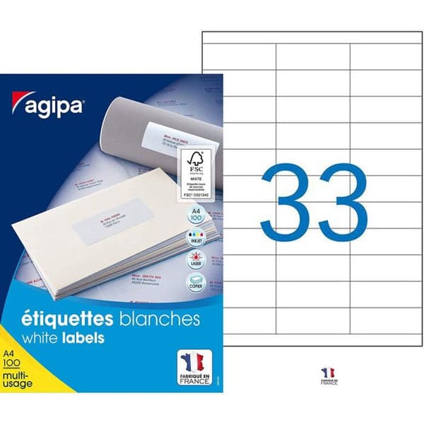 3300 Vita Etiketter - A4 - 70X25Mm - Mångsidig - Agipa 119007