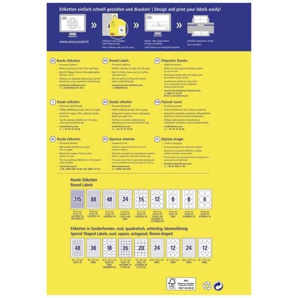 Avery-Zweckform L3415-10 Ø 40 mm vitt papper 240 st permanent Laser universaletiketter 10 ark DIN A4