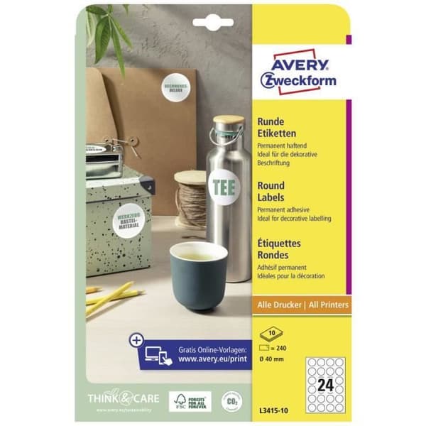 Avery-Zweckform L3415-10 Ø 40 mm vitt papper 240 st permanent Laser universaletiketter 10 ark DIN A4