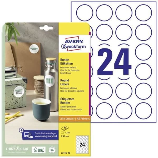Avery-Zweckform L3415-10 Ø 40 mm vitt papper 240 st permanent Laser universaletiketter 10 ark DIN A4