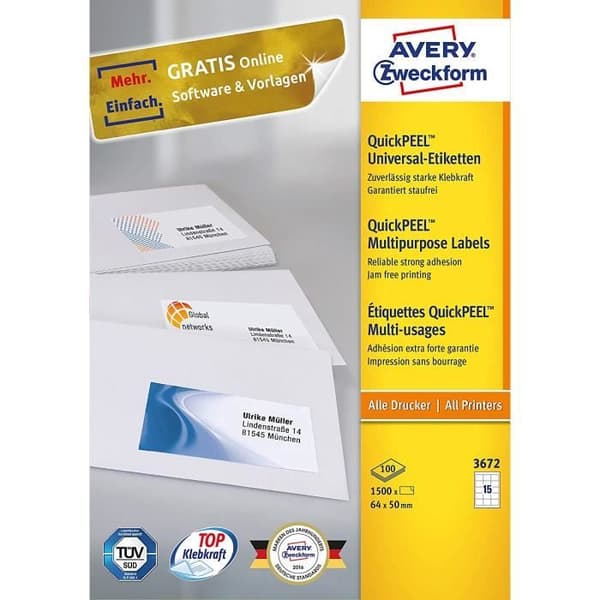 AVERY - Zweckform Universal QuickPEEL-etiketter, 64 x 50 mm vit, med kant, ProNature - certifierad - 3672