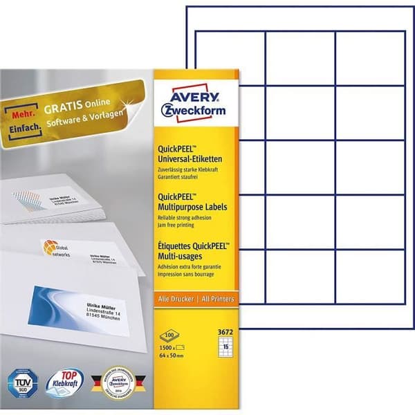 AVERY - Zweckform Universal QuickPEEL-etiketter, 64 x 50 mm vit, med kant, ProNature - certifierad - 3672