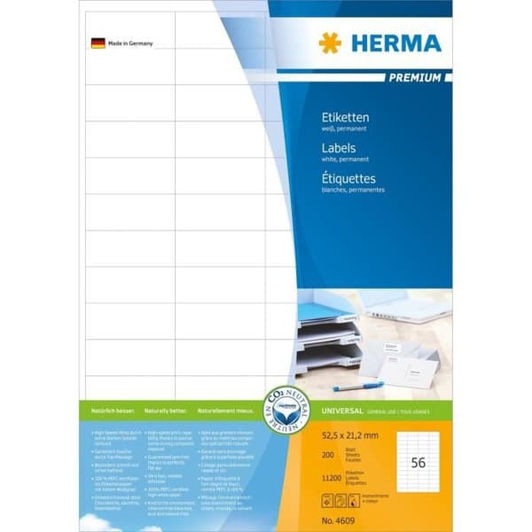 PREMIUM Etiketter - HERMA - 52,5 x 21,2 mm - 200 A4-ark - Självhäftande - Permanent vidhäftning