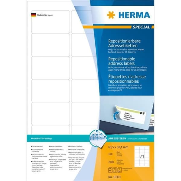 Självhäftande etiketter - HERMA - Flyttbart - 63,5 x 38,1 mm - Vit - Avtagbar och återanvändbar