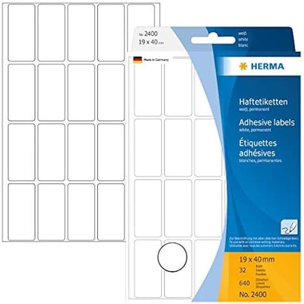 Universella etiketter - HERMA - 2400 - 19 x 40 mm - 640 stycken - Vitt papper