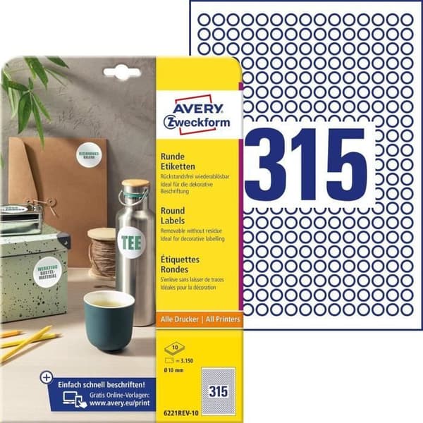 Identifieringsetiketter - AVERY - 6221REV-10 - Rund - Diameter 10 mm - 3150 etiketter