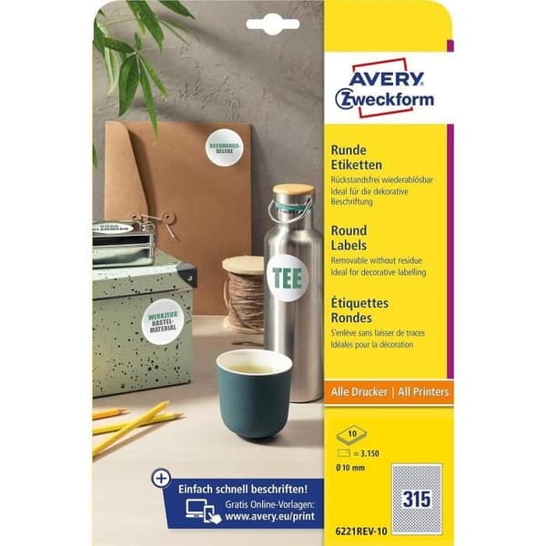 Identifieringsetiketter - AVERY - 6221REV-10 - Rund - Diameter 10 mm - 3150 etiketter