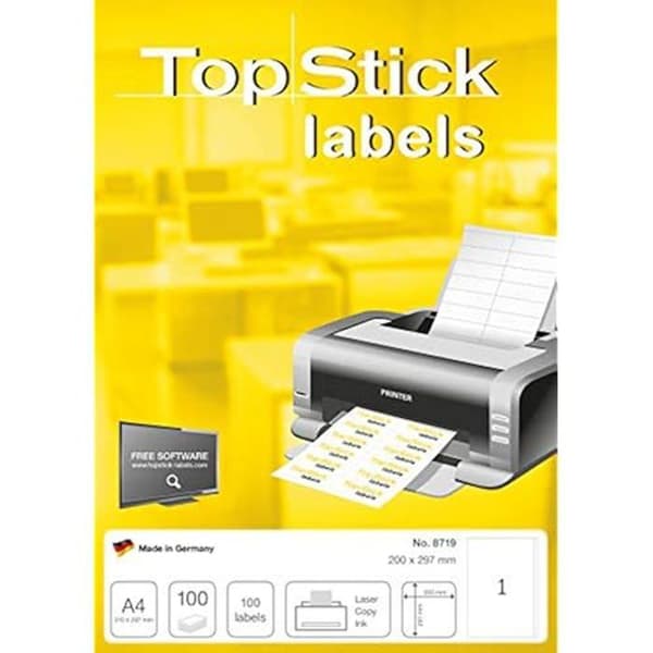 Självhäftande etiketter - TOPSTICK - Fodral med 100 - 200 x 297 mm - Anpassningsbara - Laserskrift
