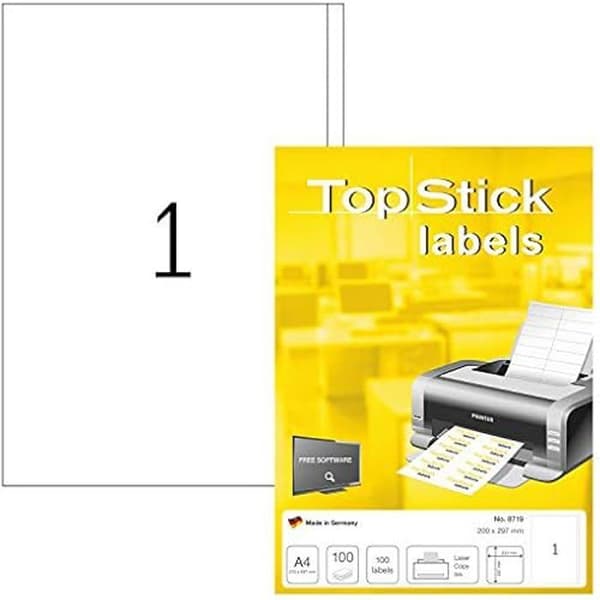 Självhäftande etiketter - TOPSTICK - Fodral med 100 - 200 x 297 mm - Anpassningsbara - Laserskrift