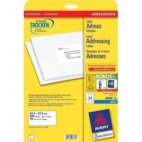 Etiketter - AVERY - J8159-25 - 63,5 x 33,9 mm - Vita - 600 etiketter per förpackning
