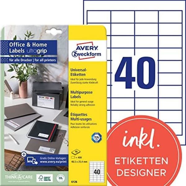 Universella etiketter - AVERY ZWECKFORM - 6126 - Vit - 48,5 x 225,4 mm - 10 ark