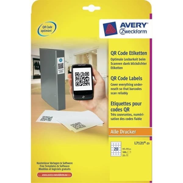 Etiketter skrivare - AVERY ZWECKFORM - L7121-25 - 500 st - 45 mm x 45 mm - Permanent vidhäftning
