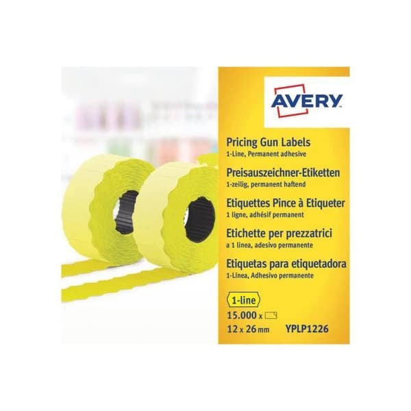 Avery YPLP1226 Gult perforerat permanent självhäftande papper 26 x 12 mm 15 000 etikett(er) (10 rull(ar) x 1 500) Prisetiketter