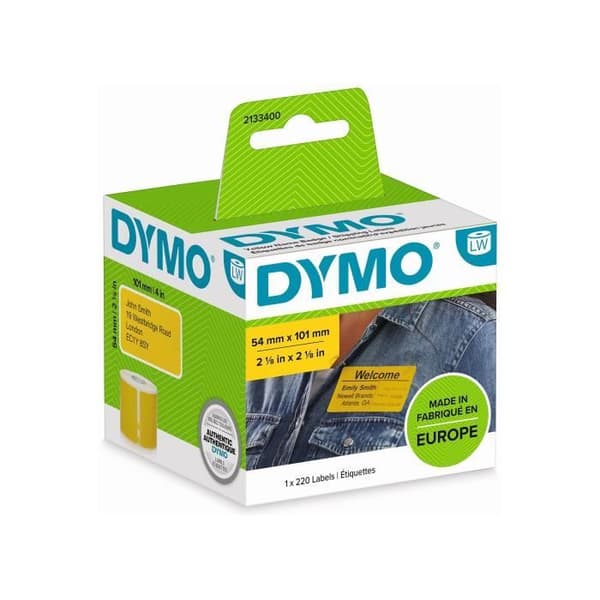 DYMO LabelWriter Box med 1 rulle med 220 gula självhäftande etiketter, märke/frakt, 54 mm x 101 mm.