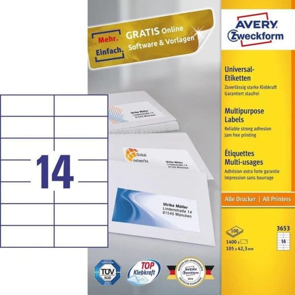 Multianvändningsetiketter - AVERY Zweckform - 3653 - 105 x 42,3 mm - 1400 etiketter - FSC-certifierade