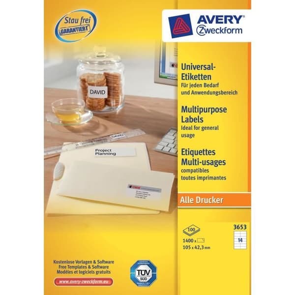 Multianvändningsetiketter - AVERY Zweckform - 3653 - 105 x 42,3 mm - 1400 etiketter - FSC-certifierade