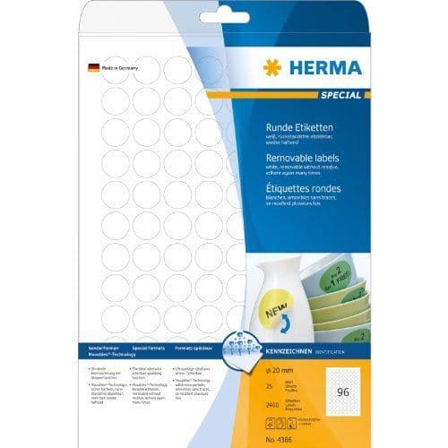 Etiketter - HERMA - SuperPrint - Diameter 20 mm - Avtagbara - Vita