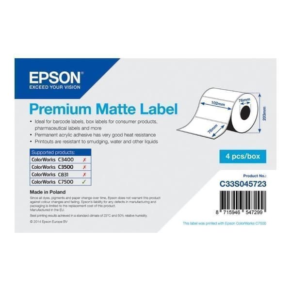 Epson Premium Matte Permanent Adhesive Acrylic 102 x 76 mm 6280 Etikett(ar) (4 rullar x 1570) Formad...
