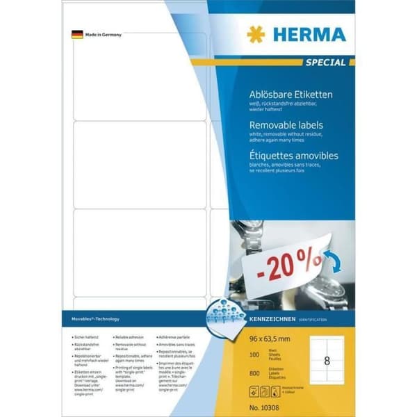 Avtagbara etiketter - HERMA - 10308 - 800 etiketter - A4 - Flyttbar - Vit