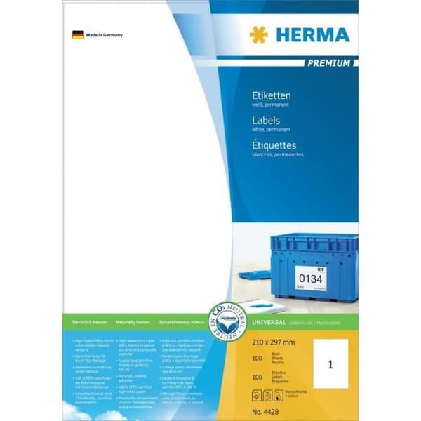 Permanenta A4-etiketter - HERMA - 443752 - 210x297 mm - 100 ark - Vit