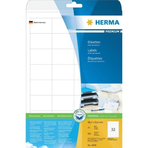 Självhäftande etiketter - HERMA - 4200 - 800 st - A4 - Permanent vidhäftning - Vit