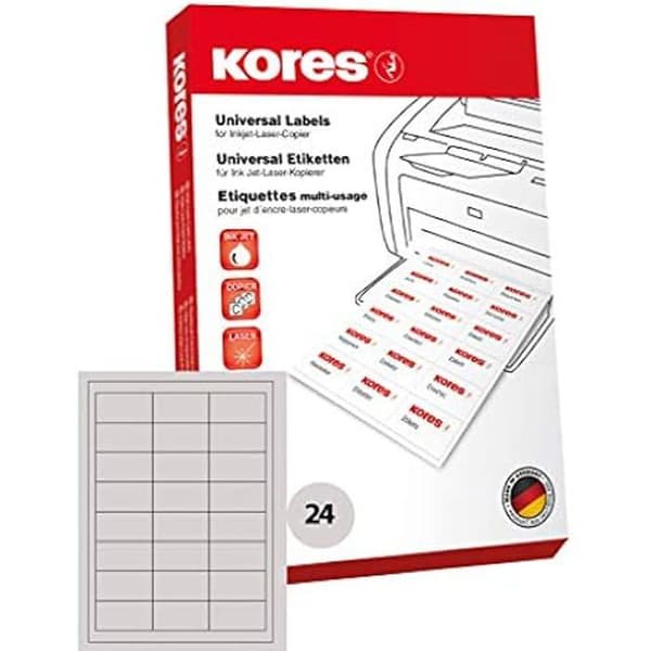 Universella etiketter - KORES - 64,6 x 33,8 mm - 100 ark A4 - Lösningsmedelsfri lim - Papper 70 g/m²