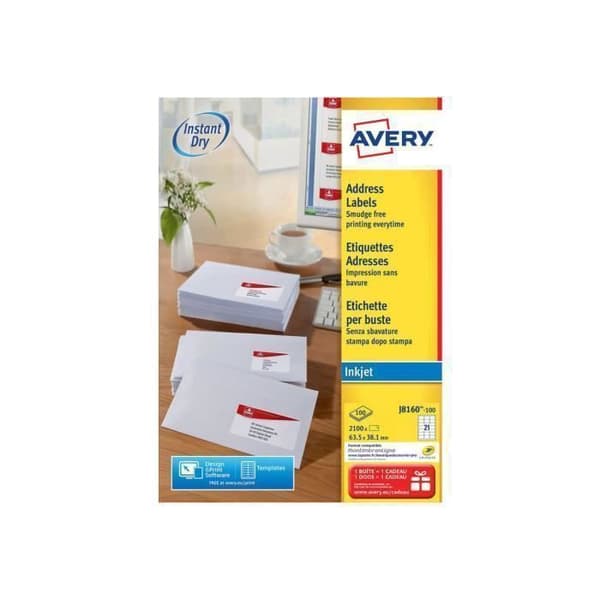 Avery White 63,5 x 38,1 mm 2100 etikett(er) (100 ark(ar) x 21) adressetiketter