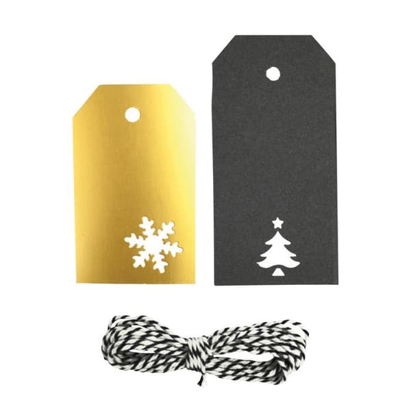 Etikettetiketter i guld och svart + snöre 3m 20 stycken
