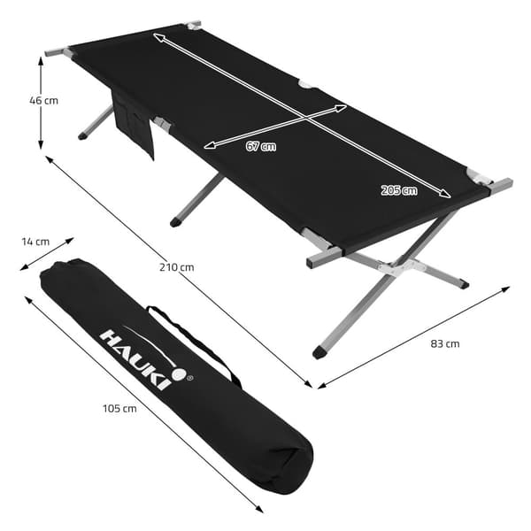 Campingseng Sammenklappelig campingseng 210x83x46 cm Sort med bæretaske op til 150 kg Hauki