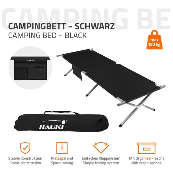 Campingseng Sammenklappelig campingseng 210x83x46 cm Sort med bæretaske op til 150 kg Hauki