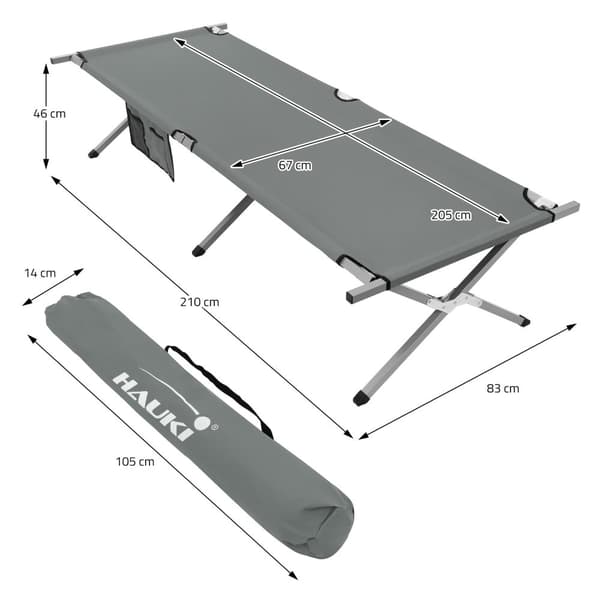 Campingseng Sammenklappelig campingseng 210x83x46 cm Grå med bæretaske op til 150 kg HAUKI