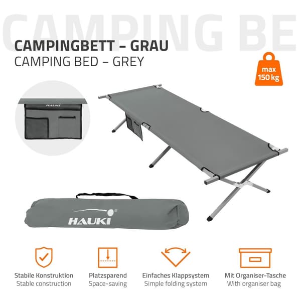 Campingseng Sammenklappelig campingseng 210x83x46 cm Grå med bæretaske op til 150 kg HAUKI