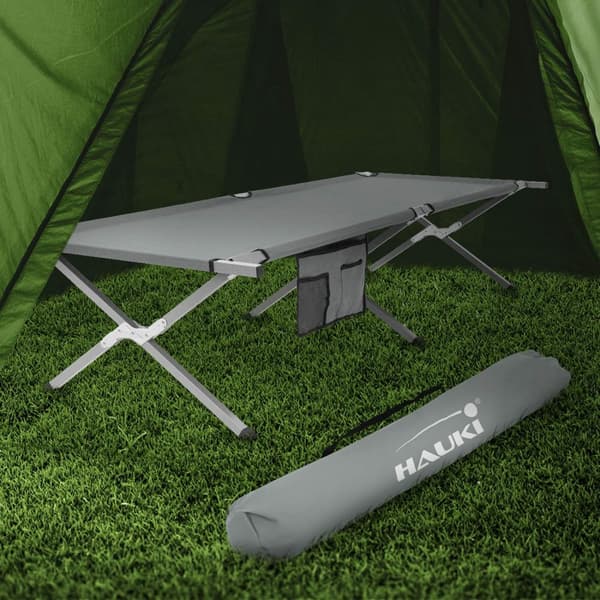 Campingseng Sammenklappelig campingseng 210x83x46 cm Grå med bæretaske op til 150 kg HAUKI