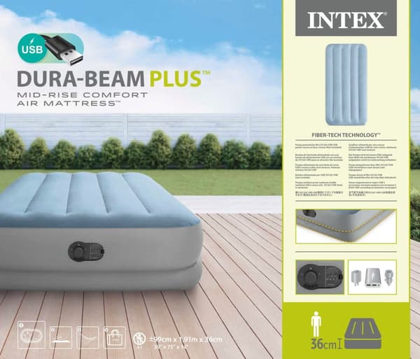 INTEX Dura-Beam Plus Comfort 1-p Luftmadras med USB-pumpe