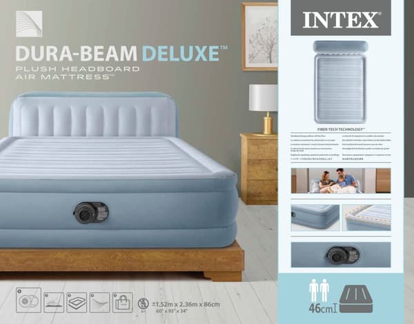 INTEX Dura-Beam Deluxe 2-p ilmapatja USB-pumpulla, jossa pääty