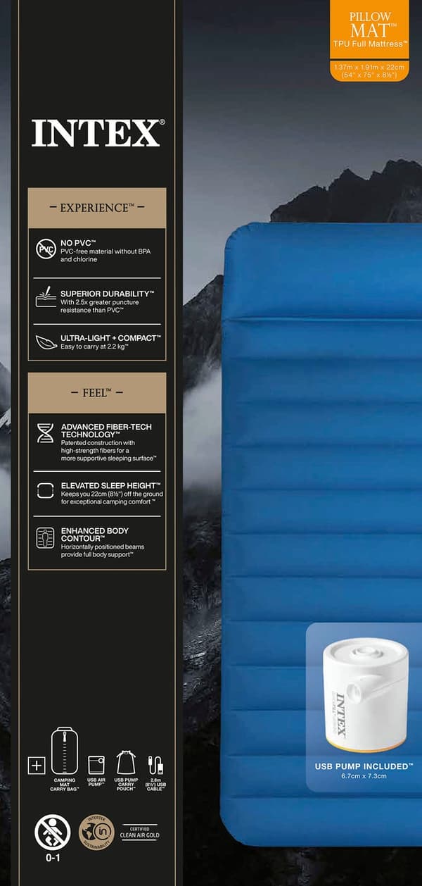 INTEX luftmadras med pude og USB-pumpe 2-p