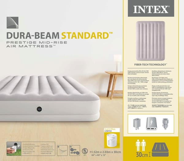 INTEX Dura-Beam Standard Prestige 2-p Luftmadras med USB-pumpe