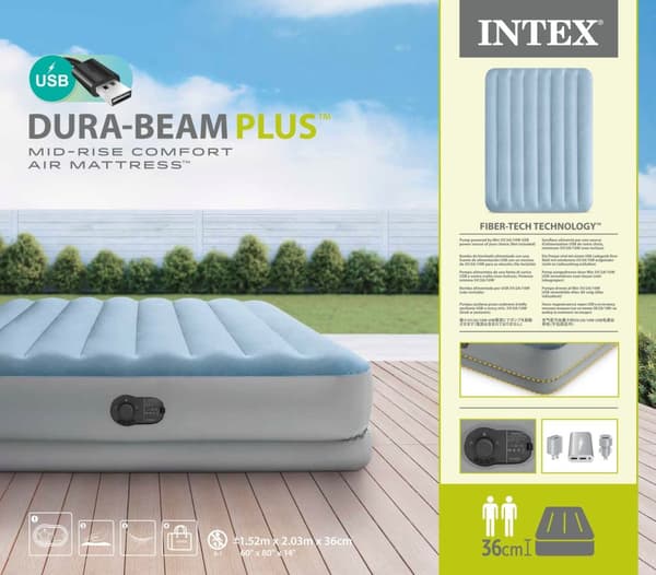 INTEX Dura-Beam Plus Comfort 2-p Luftmadras med USB-pumpe