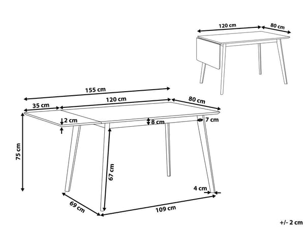 Ruokapöytä valkoinen 120/155 x 80 x 75 cm MDF-levy puu jatkettava 4-6 hengelle suorakulmio