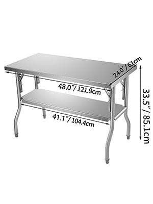 48x24 tum fällbart bord i rostfritt stål med dubbla hyllor och 4 justerbara fötter, stort utrymme, genomtänkta detaljer, bred applikation