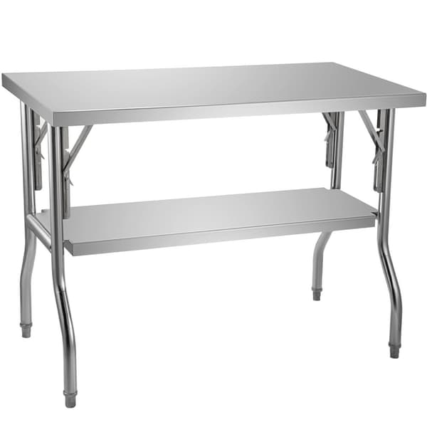 48x24 tum fällbart bord i rostfritt stål med dubbla hyllor och 4 justerbara fötter, stort utrymme, genomtänkta detaljer, bred applikation