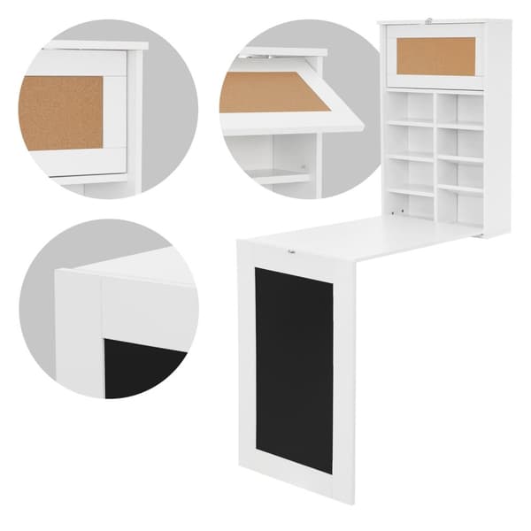 ML-Design Väggmonterat fällbart bord; vitt; tillverkat av MDF; väggfällbord med tavla; 8 fack och anslagstavla; skrivbord att fälla ut; väggmonterat