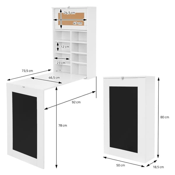 ML-Design Väggmonterat fällbart bord; vitt; tillverkat av MDF; väggfällbord med tavla; 8 fack och anslagstavla; skrivbord att fälla ut; väggmonterat