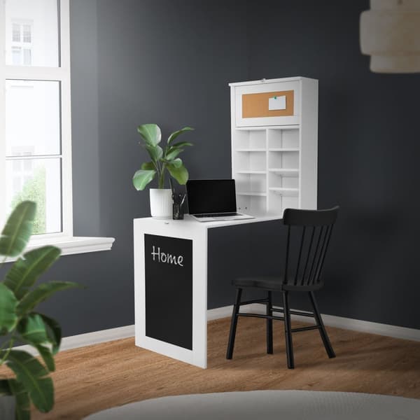 ML-Design Väggmonterat fällbart bord; vitt; tillverkat av MDF; väggfällbord med tavla; 8 fack och anslagstavla; skrivbord att fälla ut; väggmonterat