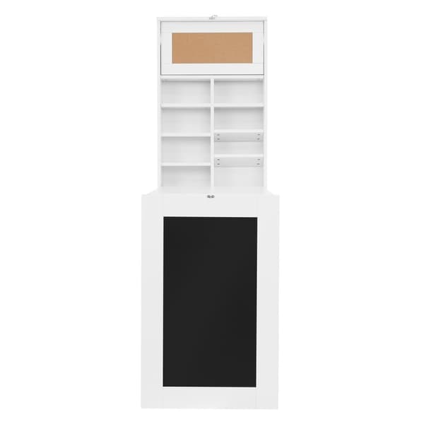 ML-Design Väggmonterat fällbart bord; vitt; tillverkat av MDF; väggfällbord med tavla; 8 fack och anslagstavla; skrivbord att fälla ut; väggmonterat