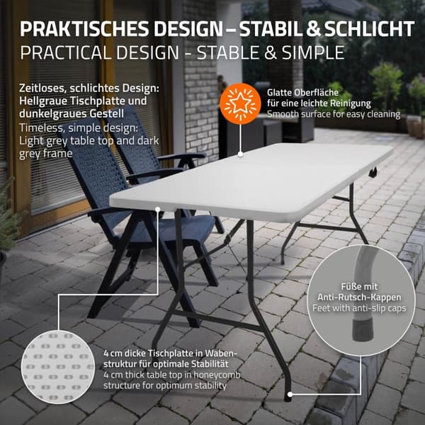 ML-Design Kokoontaitettava leirintäpöytä valkoinen 180x74 cm; muovia; kantokahvalla varustettu taittopöytä; puutarhaan; terassille; parvekkeelle; 6