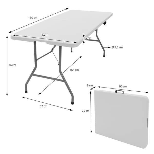 ML-Design Kokoontaitettava leirintäpöytä valkoinen 180x74 cm; muovia; kantokahvalla varustettu taittopöytä; puutarhaan; terassille; parvekkeelle; 6
