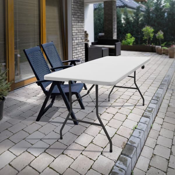 ML-Design Kokoontaitettava leirintäpöytä valkoinen 180x74 cm; muovia; kantokahvalla varustettu taittopöytä; puutarhaan; terassille; parvekkeelle; 6